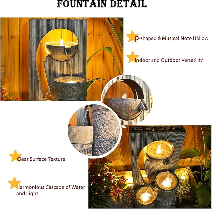 Tankana Water Fountain Zen Feature Outdoor Indoor - Waterfall Garden Freestanding Fountains ρ-Shaped Hollow Artistry Design with LED Lights for Home Decor Patio Yard Pool, 41 inches