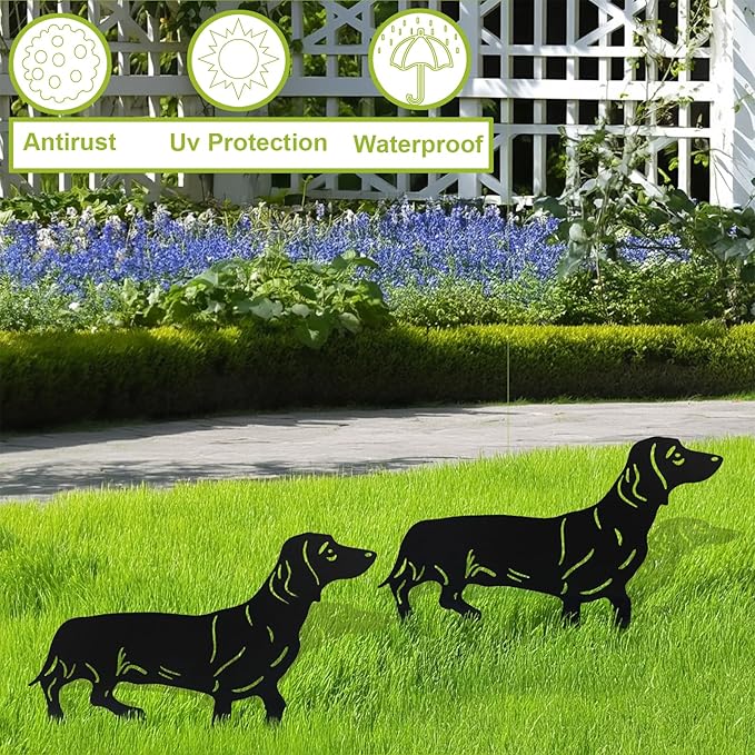 Flohuaer 2PCS Dog Garden Decor for Outside Dachshund Gifts for Dog Lovers Metal Black Dachshund Silhouette Decorative Garden Stakes for Outdoor Yard Art Patio Lawn Ornaments Garden Decorations