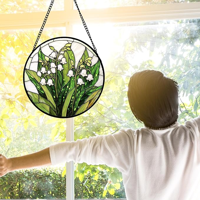 DASTOLL Stained Glass Window Hanging, Lily of the Valley Flower Sun Catchers Colorful Glass Panel Green Plants Suncatcher Decor for Birthday for Women,Men,Wife, Lovers, and Mom 11.8 in