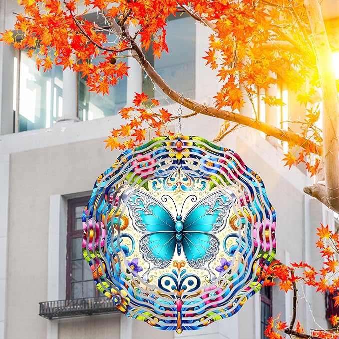10 Inch Butterfly Wind Spinner, 3D Metal Hanging Kinetic Wind Rustproof Sculpture Gift for Garden Yard Lawn Balcony Window Porch Outdoor Decor, Women Mom Mothers Day