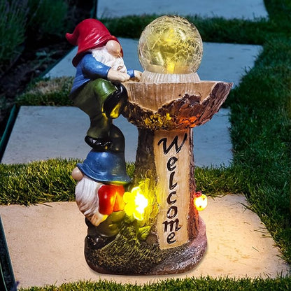 Garden Gnomes Outdoor Statue with Solar LED Lights, Solar Garden Gnomes Decorations10.4 in Funny Double Gnomes Sculptures Home Outdoor Lawn Yard Decor, Ideal Gnomes Gifts for Women/Grandma/Mom
