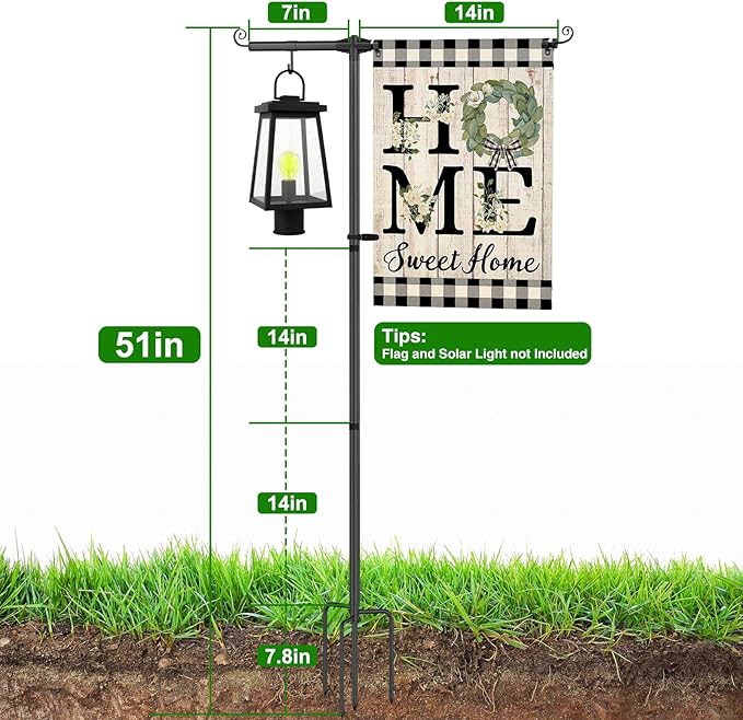 Garden Flag Stand Holder with Shepherd Hooks for 12 x 18 Flag, 51 Inch Height with 3/4 Inch Extra Thick Heavy Duty Garden Flag Pole with 4 Prong Base for Outside Home Yard Patio Decor