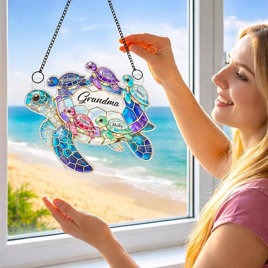 Personalized Turtle Suncatcher for Grandma, Custom Name Window Hanging Stained Glass Ornament, Colorful Window Decor for Grandparents, Gift for Mother's Day, Birthdays, Christmas