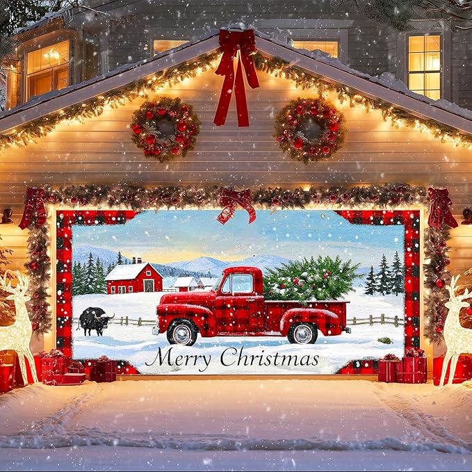 IVN Merry Christmas Garage Door Banner 13x6ft Festive Buffalo Plaid Truck in Snowy Landscape Photo Prop Background for Joyful Holiday Yard Door Cover Background Outdoor Winter Scene