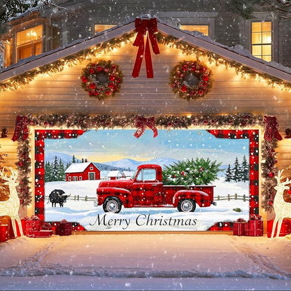 IVN Merry Christmas Garage Door Banner 13x6ft Festive Buffalo Plaid Truck in Snowy Landscape Photo Prop Background for Joyful Holiday Yard Door Cover Background Outdoor Winter Scene