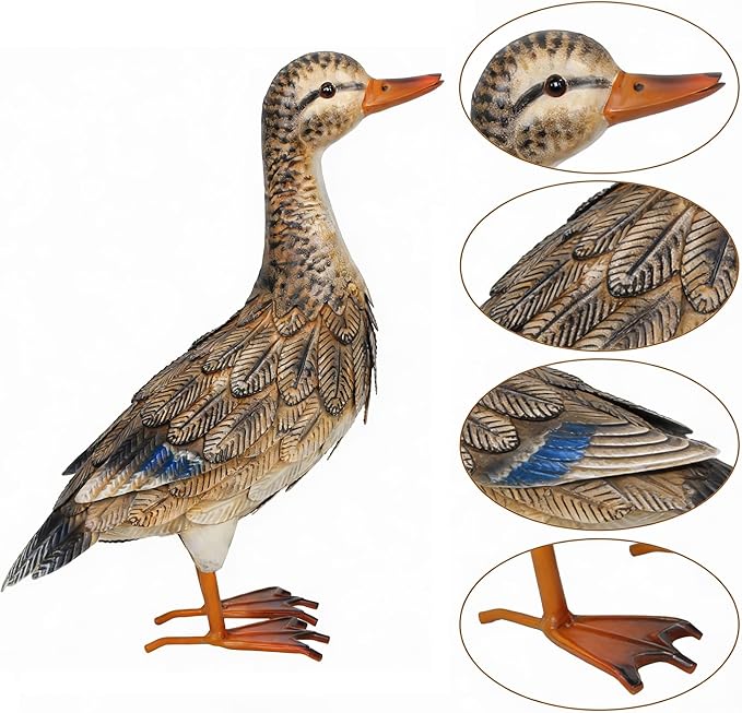 Shorayn Metal Duck Garden Statue, Life-Size Iron Hen Mallard, Handmade Gray Duck Yard Decor, Indoor Outdoor Ornament, Gift for Housewarming/Mother’s Day/Christmas
