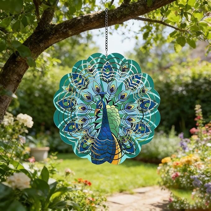 Peacock Metal Wind Spinner Outdoor 12 Inch 3D Hanging Wind Spinner for Outdoor & Indoor Decor, Garden Yard & Porch Ornament, Unique Kinetic Sculpture Gift for Women - Christmas Thanksgiving Decoration