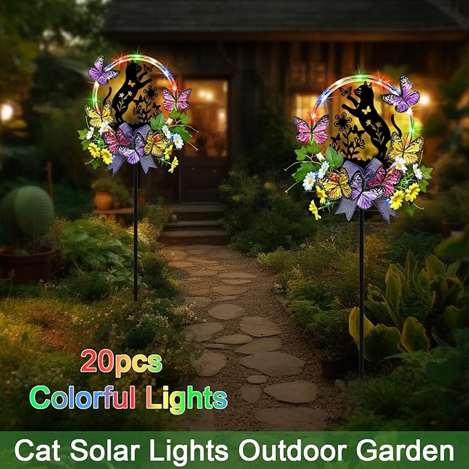 Cat Solar Lights Outdoor Garden,Silhouette Cat with Butterflies Waterproof Garden Stake for Yard, Lawn,Best Gifts for Women
