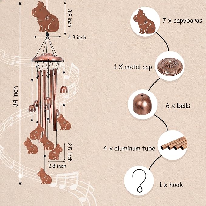 Capybara Wind Chimes for Outside, Metal Windchimes Outdoors, Capy Gifts for Women Men, Memorial Birthday Gifts, Garden Decor for Outside, Home, Patio, Yard, Lawn (Capybara)