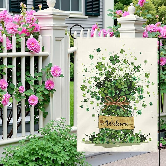 Spring Garden Flag 12x18 Inch Welcome Clover Design Double Sided Outdoor Yard Flags Seasonal Porch Patio Lawn Farmhouse House Banner Decorations for St Patricks Day and Everyday Home Décor