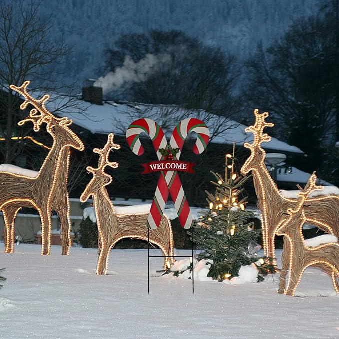 Christmas Candy Cane Garden Stake Decor, Metal Candy Cane Hanging Welcome Sign Outdoor Yard Sign Lawn Stake 27.5"H, Merry Christmas Yard Decor Xmas Holiday Decoration