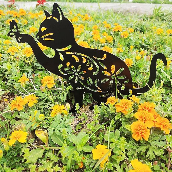 Zerodis Hollow Garden Statue Exquisite Black Cat Decoration for Bird Scaring Iron Garden Ornament for Outdoor Spaces Gardening Supplies