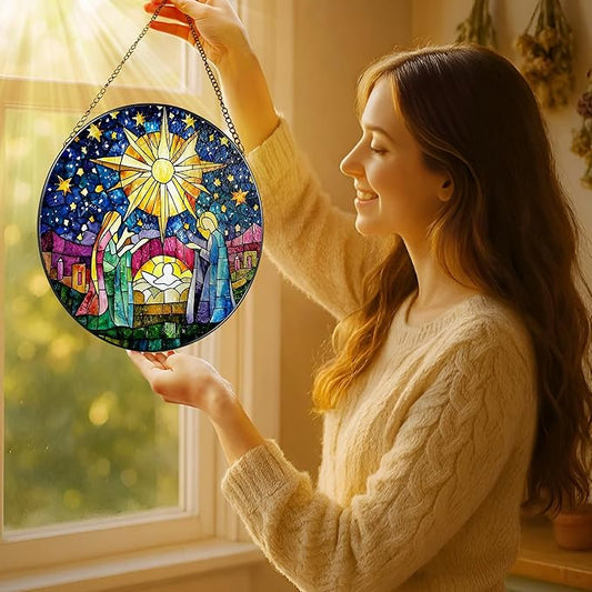 8'' Stained Glass Window Hanging, Nativity Scene Christmas Ornament, Christian Ornament, Sun Catcher Window Decor, Religious Holiday Decor, Gifts for Christmas, Religious Gift, Christian Gift