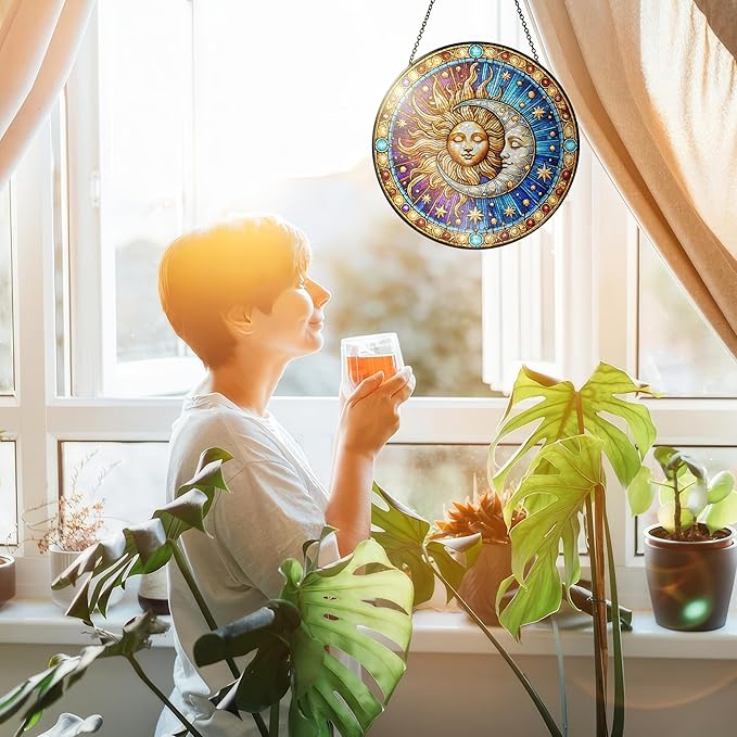 FLAGWIX Spiritual Gifts for Women Men - Stained Glass Window Hanging 8 in for Sun and Moon Decor - Sun Catchers Indoor Window, Boho Suncatchers for Celestial Decor