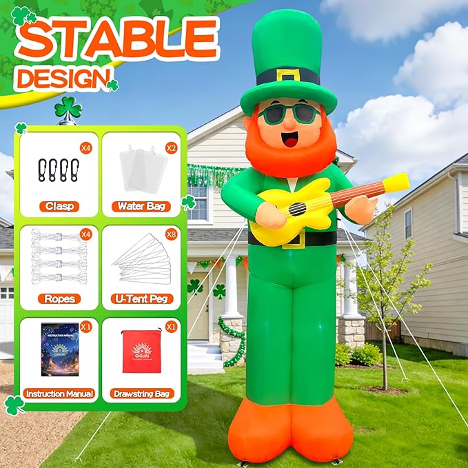 10Ft Giant St. Patrick's Day Inflatable Outdoor Decoration Blow Up Inflatable Leprechaun with Guitar Inflatable St. Patrick's Day Yard Decorations for Outdoor Garden Lawn Party(with Drawstring Bag)