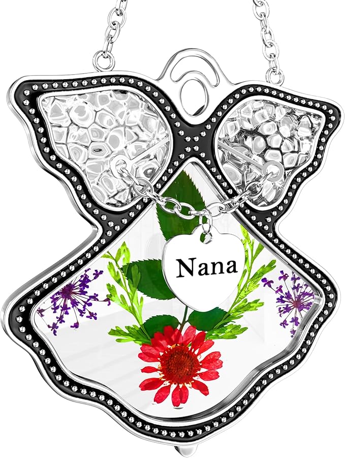 KY&BOSAM Angel Suncatcher Nana Stained Glass for Windows Hangings Wind Chime Home Decor with Pressed Drived Flower in Glass and Metal Charm Birthdays Gifts for Nana Mothers Day Valentines Christmas