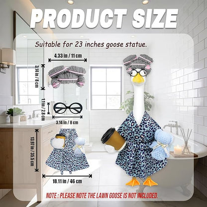 Lady Porch Goose Outfits,Bathrobe Porch Goose Statue Costume with Curlers Reading Glasses Coffee Cup Towel,Cute Goose Clothes for 23-Inch Cement Statue,Lawn Yard Garden Patio Decor（Leopard Print 02）