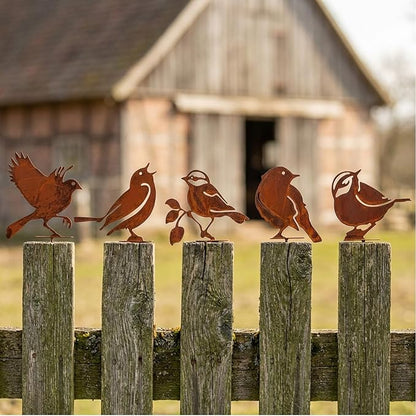 Rusty Metal Birds Garden Wrens Decor Set of 5 - Vintage Yard Art for Fence & Outdoor Rustic Bird Statues, Life-Size Wren Silhouettes, Weather-Resistant Metal Birds for Garden, Patio, and Home Decor