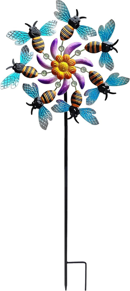 COOZZYHOUR 39" Bee Wind Spinners Metal Garden Stake-Outdoor Yard Windmill-Wind Sculpture Yard Art Decorations for Patio,Lawn & Garden