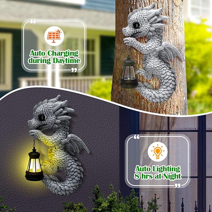 Tfro & Cile Dragon Garden Statue Solar Tree Hugger Light Outdoor Lawn Decor for Balcony Patio Yard Idea Gift for Women