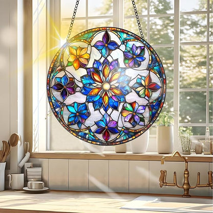 VAIIEYO Flower Sun Catcher Stained Glass Window Hanging Ornament, Handmade Sun Catcher Plant Decoration with Hooks for Window Garden Home, Mother's Day & Birthday Housewarming Gift (7.8 inch)