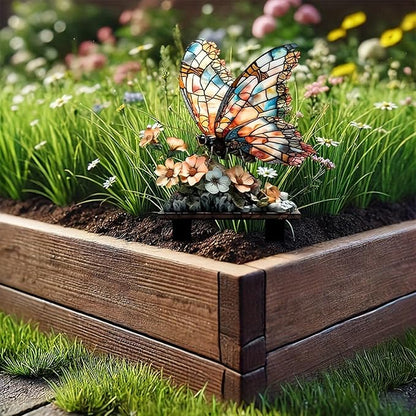 Garden Stake Decor, Acrylic 2D Flat Cute Animal Statue, Fairy Sculptures Ornament Indoor Outdoor Yard Lawn Pot Plant Decorative Accessories (Floral Butterfly)