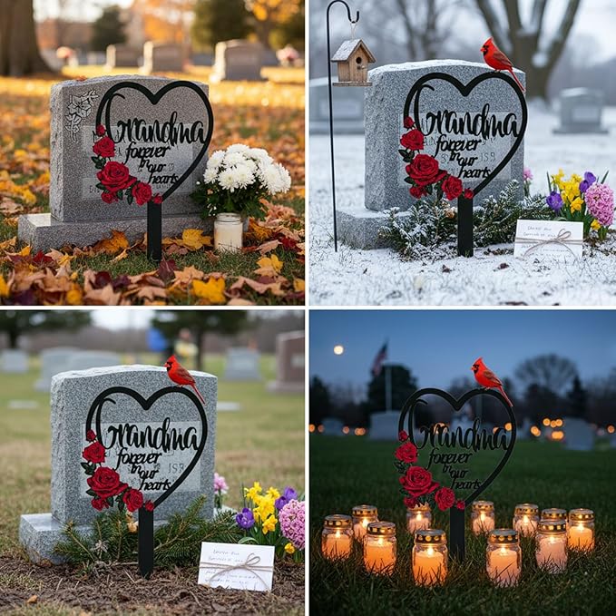 AIM & GGKK Memorial Stake for Grandma - Metal Heart Grave Marker with Red Roses, Memorial Plaque Cemetery Decor for Grave, Garden, Gravesite