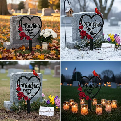 AIM & GGKK Memorial Stake for Grandma - Metal Heart Grave Marker with Red Roses, Memorial Plaque Cemetery Decor for Grave, Garden, Gravesite