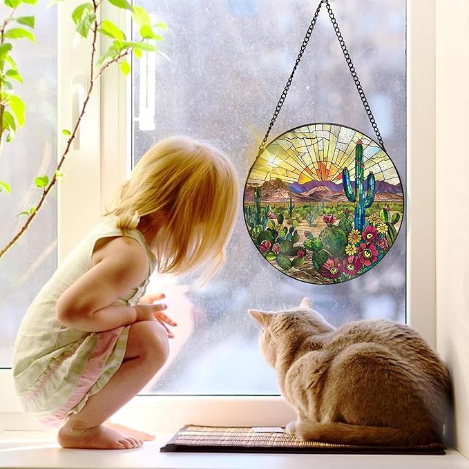 Bimkole Cactus Stained Glass Suncatcher Window Hanging - Plants Indoor Window or Doorway Decoration - Handmade Sun Catcher Decor for Garden Home Christmas & Birthday Gifts 7.87x7.87 Inch