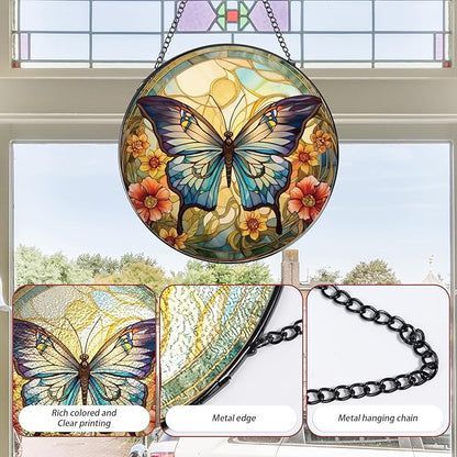 Rngmsi Butterfly Stained Glass Window Hanging Decor, 7.8″ Sun Catchers Stain Glass Window Hanging Indoor, Flower Suncatcher with Hook Home Wall Art Gift for Thanksgiving Christmas Housewarming