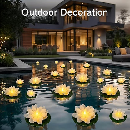 24PCS Lotus Floating Pond Lights, Warm LED LightsWaterproof Battery Powered, Floating Flowers for Pool Weddings Gardens Pond Parties Outdoor Decorations (White, 6", 4")