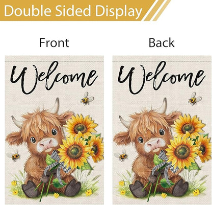 Heyfibro Welcome Summer Highland Cow Garden Flag 12x18 Double Sided Burlap Spring Flower Sunflower Bee Small Yard Banner for Rustic Seasonal Outside Outdoor House Decoration (ONLY FLAG)