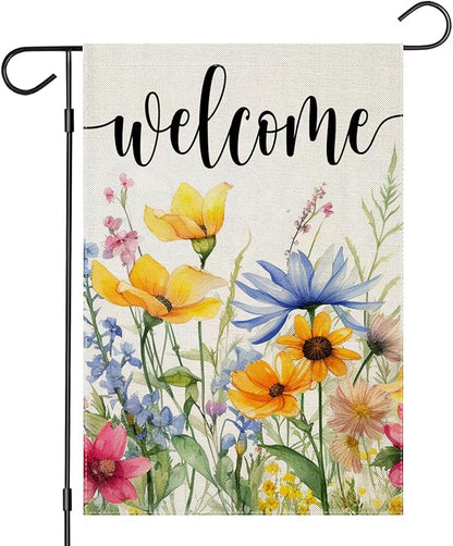 Welcome Summer Flowers Garden Flags for Outside, Watercolor Floral Yard Decoration, Small Seasonal Spring Outdoor Decor for Farmhouse Holiday,12x18 Inch Double Sided