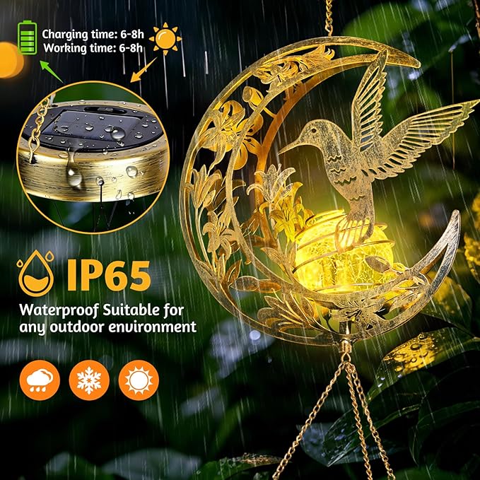 Solar Wind Chimes for Outside Hummingbird Gifts for Women Mom Grandma Sister Crackle Glass Ball Wind Chimes Solar Lights Outdoor Decor for Garden Backyard Patio Yard Porch, Mothers Gift Birthday Gifts