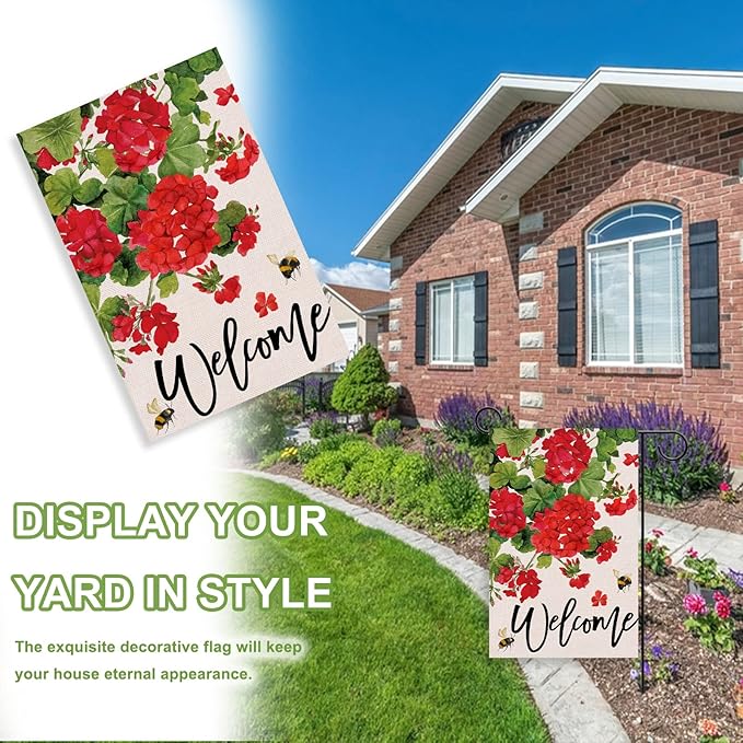 Welcome Spring Geranium Decorative Garden Flag, Red Floral Flowers Bee Yard Outside Decorations, Summer Farmhouse Outdoor Small Home Decor Double Sided 12 x 18