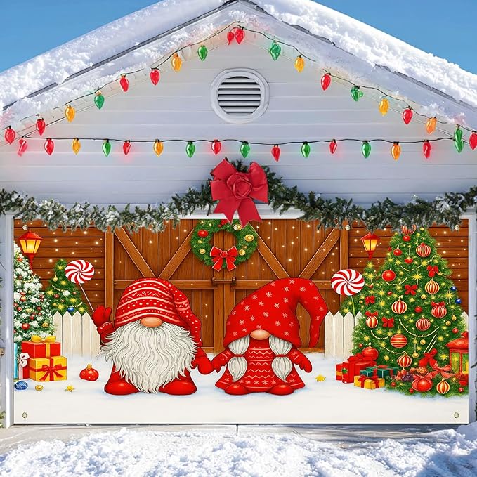 IVN Christmas Garage Door Cover Decoration 13x6ft Gnomes by Barn Doors with Tree Merry Christmas Garage Door Banner Home Door Front Yard Decor for Xmas Eve Holiday Outdoor