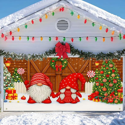 IVN Christmas Garage Door Cover Decoration 13x6ft Gnomes by Barn Doors with Tree Merry Christmas Garage Door Banner Home Door Front Yard Decor for Xmas Eve Holiday Outdoor