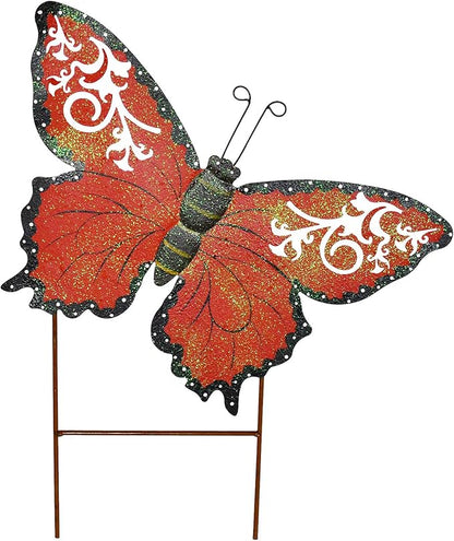 Aecipl Garden Decor Metal Butterfly Stakes Yard Sign Decorative Lawn Art Indoor Outdoor Plant Stake Patio Porch Pathway Backyard Decoration (Red)