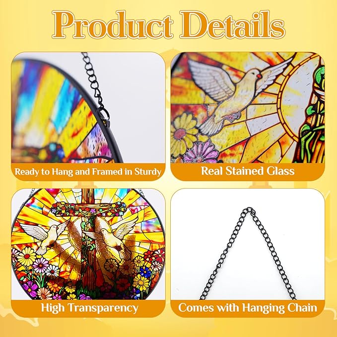 Stained Glass Hanging Doves and Cross Suncatcher, Renyalora 10 Inch Round Real Glass Christian Window Panel with Colorful Flowers Sun Catcher Window Hanging Decor for Home Windows Garden Church Decor
