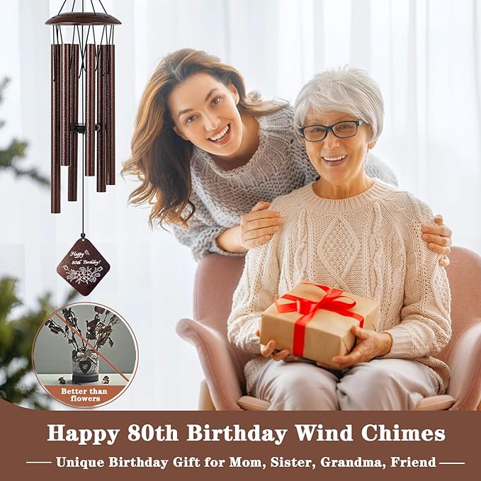 80th Birthday Gifts for Women, 80 Year Old Birthday Gifts for Mom Grandma Wife Friends, 32” Bronze Wind Chimes
