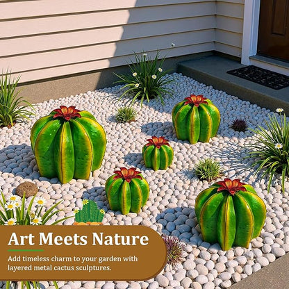 Metal Cactus Yard Art Set of 4 - Hand Painted Barrel Cactus Garden Decor, Metal Cactus Sculptures for Outdoor Patio Lawn, Mexican Style Desert Garden Statues, Housewarming Gift (5"-12.6")