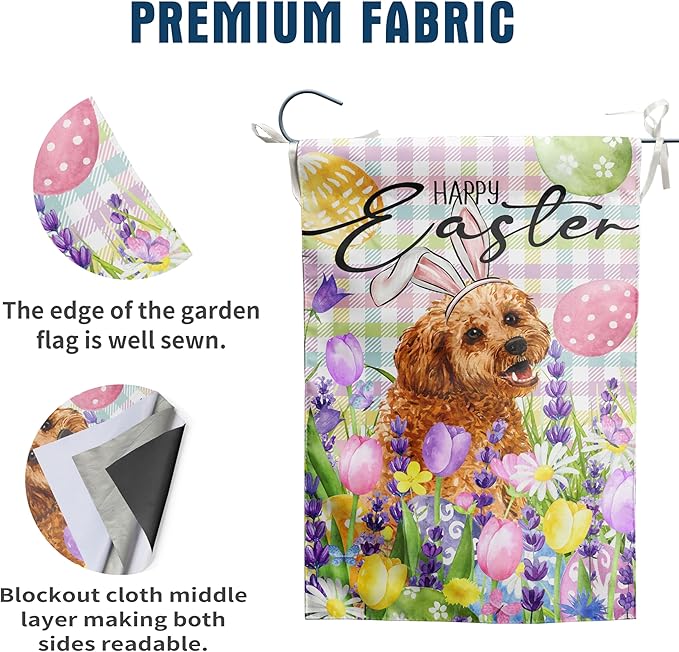 Happy Easter Dog Garden Flag Golden Doodle Spring Flags Buffalo Plaid Bunny Eggs Yard Flag for Outside 12x18 Double Sided Small Decorative Floral Outdoor Flag