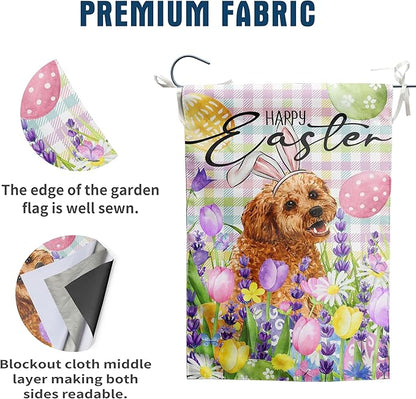 Happy Easter Dog Garden Flag Golden Doodle Spring Flags Buffalo Plaid Bunny Eggs Yard Flag for Outside 12x18 Double Sided Small Decorative Floral Outdoor Flag