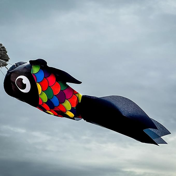 In the Breeze 5224 — 15-inch Black & Rainbow Damsel Fish — Colorful Fishsock Hanging Garden Decor with Detailed Printed Graphics