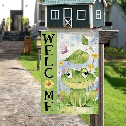 DLZDN Spring Summer Frog Garden Flag 12×18 Inch Double Sided Vertical Burlap Farmhouse Welcome Yard Flag Seasonal Outdoor Decor