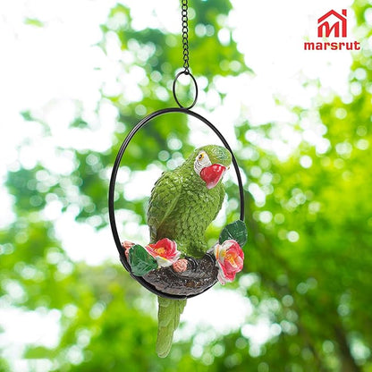 1PC Hanging Parrots for Patio Decor Outdoor, Perching On Branch Bird Figurine Statue, Metal Tropical Animal Model Sculpture with Round Ring for Nature Lovers DIY Lawn Natural Garden Tree Patio Home
