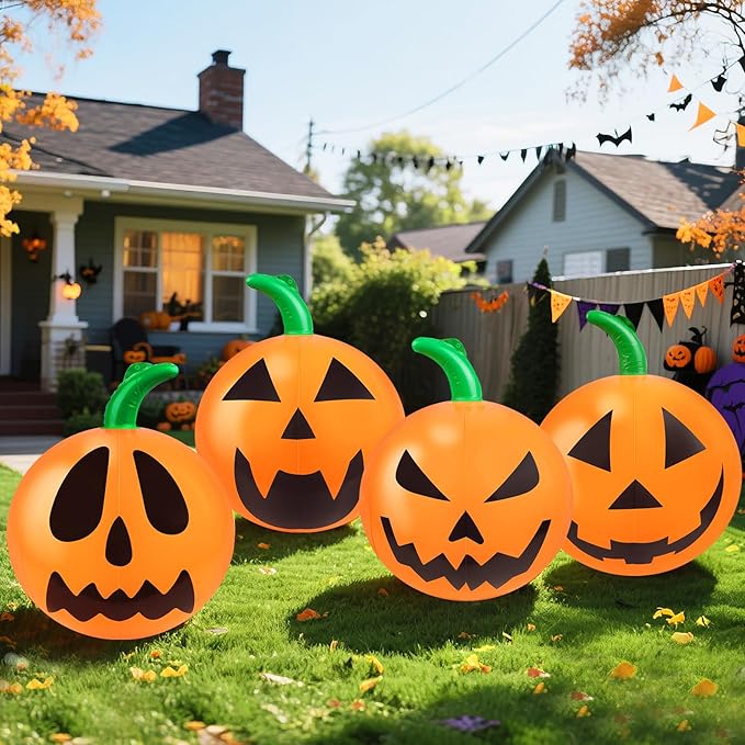 4 Packs 24 Inches Halloween Inflatable Pumpkin Outdoor Decorations PVC Inflatable Hanging Pumpkin Ornaments Blow Up Pumpkin for Halloween Party Yard Garden Outdoor Decoration