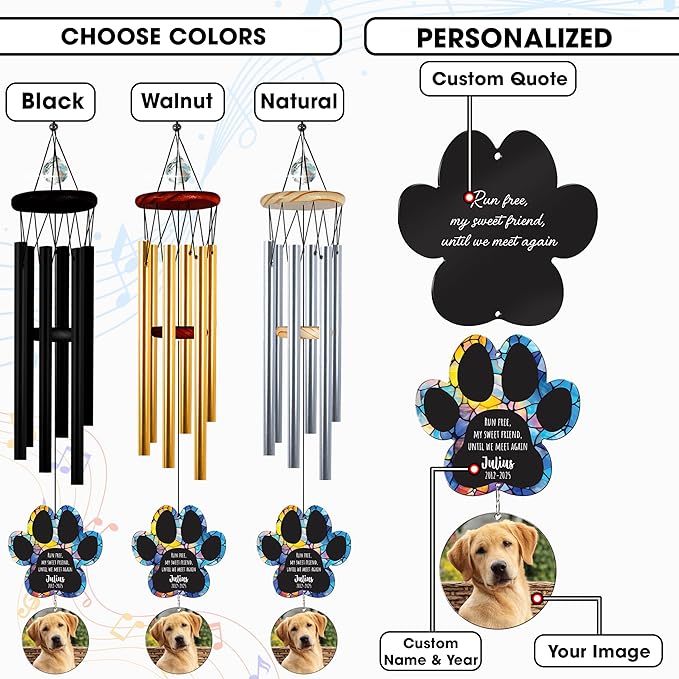 Personalized Pet Memorial Wind Chimes, Custom Photo Crystal Paw Print Suncatcher Ornament, Pet Keepsake Memorial Sympathy Gift for Loss of Dog Cat Lover, Remembrance Wind Chimes Outdoor Décor