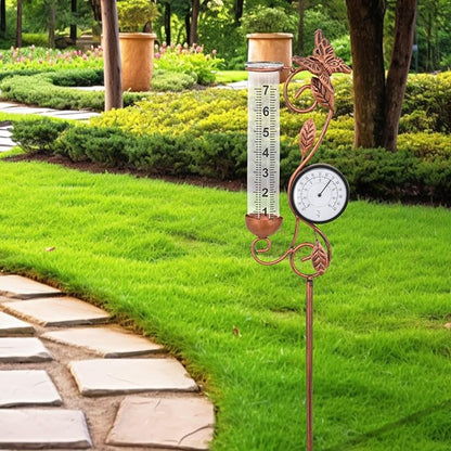 Butterfly Rain Gauge Garden Decor, 32" Thermometer Patio Decor, 7" Capacity Rain Gauge Replacement Tube Glass, Outdoor Temperature Patio Decor