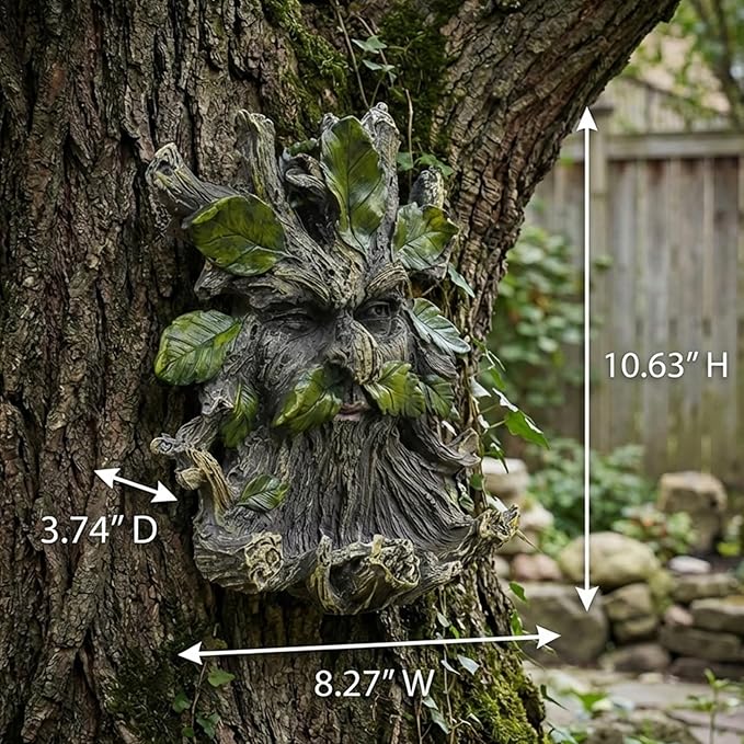 Old Man Tree Face Hugger Outdoor Decor with Bird Feeder, Handmade Tree Art Resin Statue with Leaf & Root Details, Whimsical Hanging Yard Art for Garden Wall Fence
